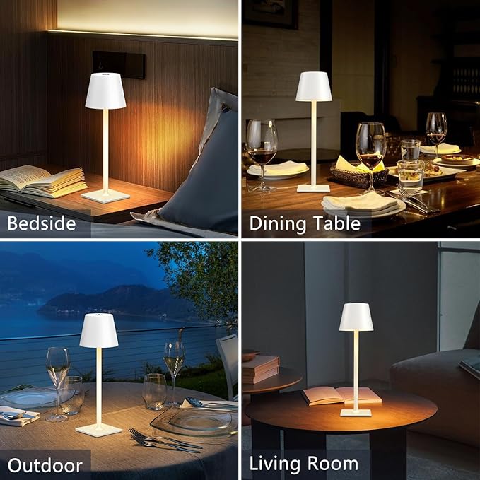 Cordless Table Lamp Rechargeable Lamps: 6000mAh Battery Operated Table Lamp Outdoor Waterproof, Touch Control, Portable Wireless Desk Lamp for Dinner/Bedroom/Restaurant （White2 Pack