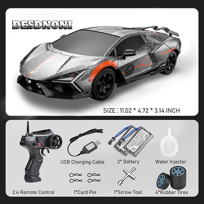 Remote Control Car RC Drift Car 1:16 Scale 4WD 18KM/H High Speed Model Vehicle 2.4GHz with LED Lights Spray Rubber Tire Racing Sport Toy for Adults Boys Girls Kids Gift 2Pcs Rechargeable Batteries
