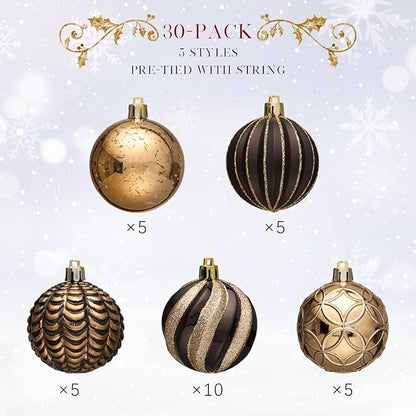 JORNOY Christmas Balls Ornaments, 30ct Shatterproof Xmas Tree Decorations, Hanging Bulbs Baubles Set with String for Holiday Home Party Decor, 2.36 inch/60mm, Black&Gold
