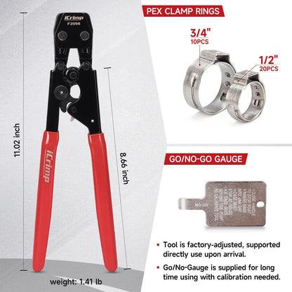 iCrimp PEX Pipe Clamp Crimping Tool Kit Cinch Crimper Tool for Stainless Steel Clamps from 3/8-inch to 1-inch with 1/2-inch 20pcs and 3/4-inch 10pcs SS PEX Clamps