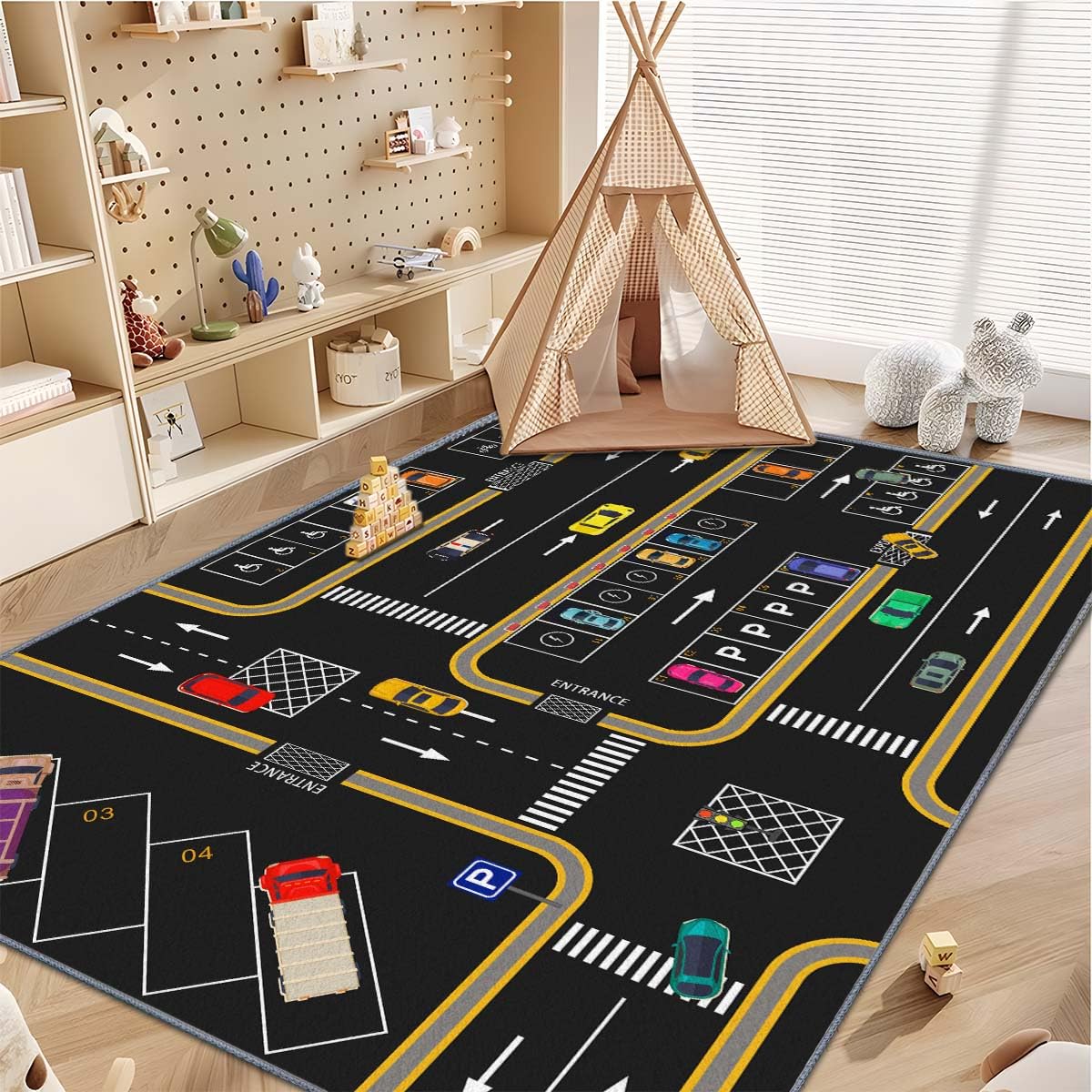 Kids Rug,Children's Room Rug, Fun Car Park Kids Play Mat, Rail City Living Carpet, Washable Non-Slip Children's Carpet (Parking, 31x47in)