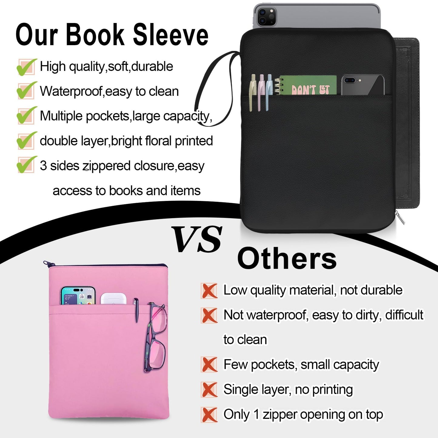 QRZIQRZ Black Book Sleeve Kindle Pouch, Book Protector Case with Zipper, PU Leather Waterproof Book Cover Bag, Portable Book Pouch for Book Lovers Gifts Paperbacks Bibles Hardcover