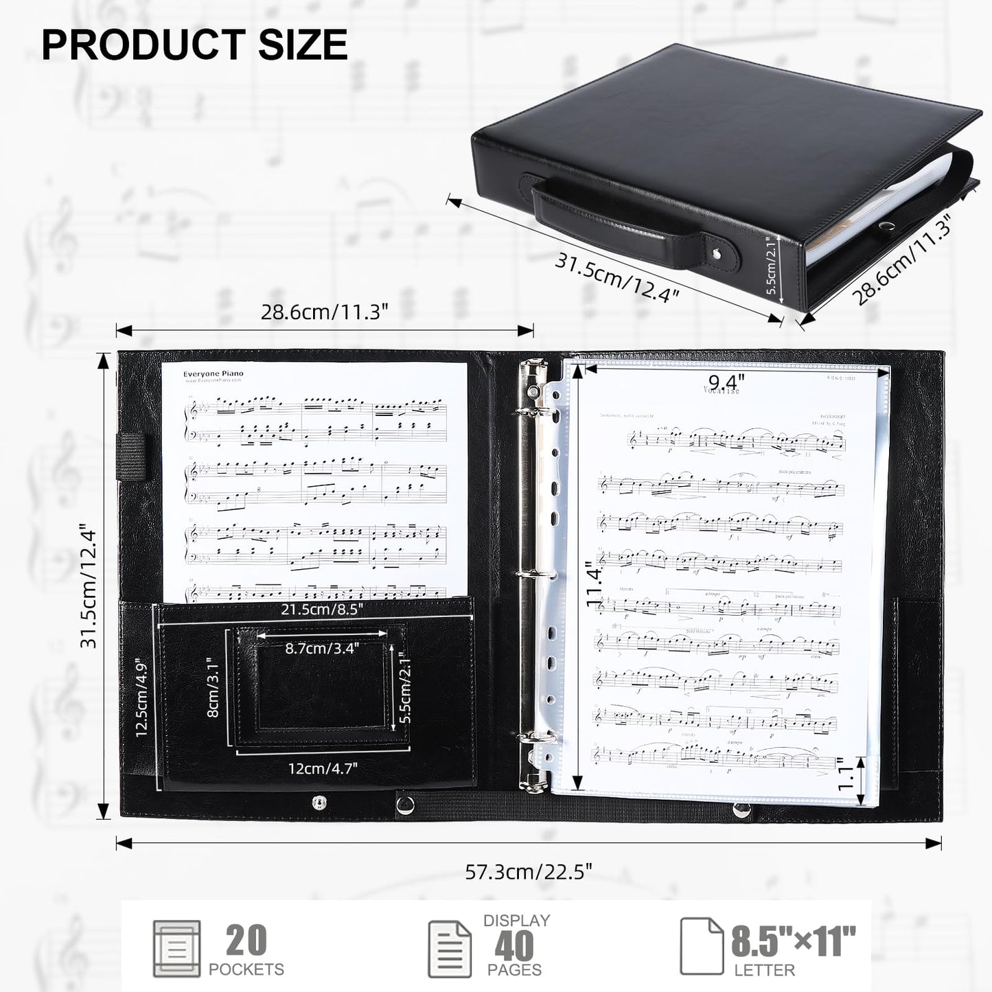 Choral Sheet Music Folder Organizer: 3 Ring Piano Music Binder with Plastic Sleeves - PU Leather Choir Folders with Hand Strap Elastic Band Fits Letter Size 8.5 x 11 inch, Black