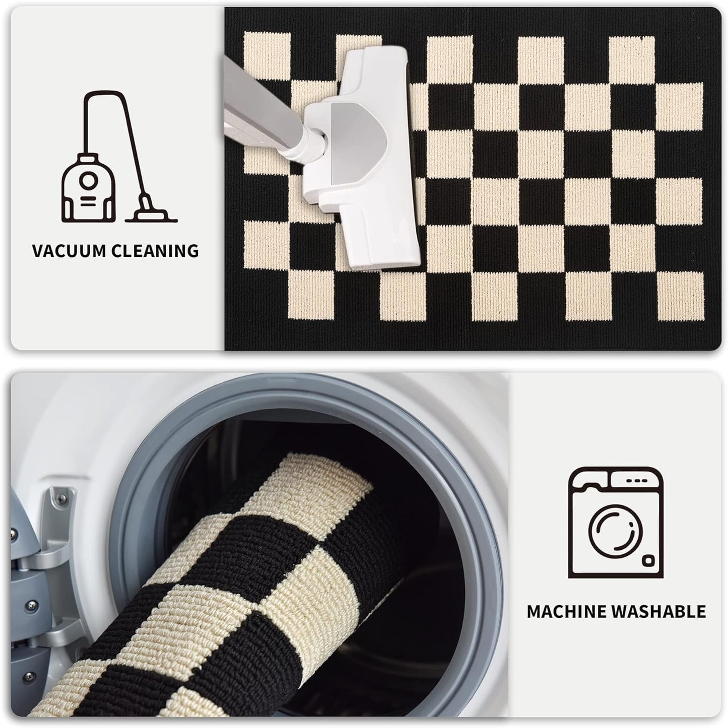 GIB Kitchen Rugs Mats for Floor Set of 2, Non Slip/Skid Kitchen Runner Rugs, Super Absorbent Machine Washable Soft Standing Mats for Kitchen Decor Laundry Sink, Black Cream Checkered