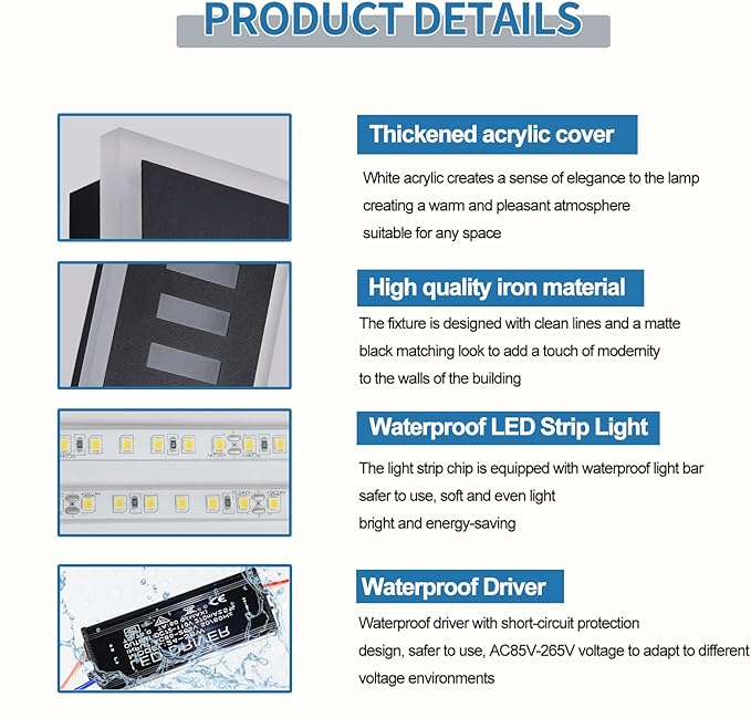 Outdoor Wall Light LED 18W Long 11.8in - Black Metal Waterproof Modern Exterior Lighting Fixture,3-Color Changeable,Frosted Acrylic Porch Sconce,for Patio,Garage,Courtyard