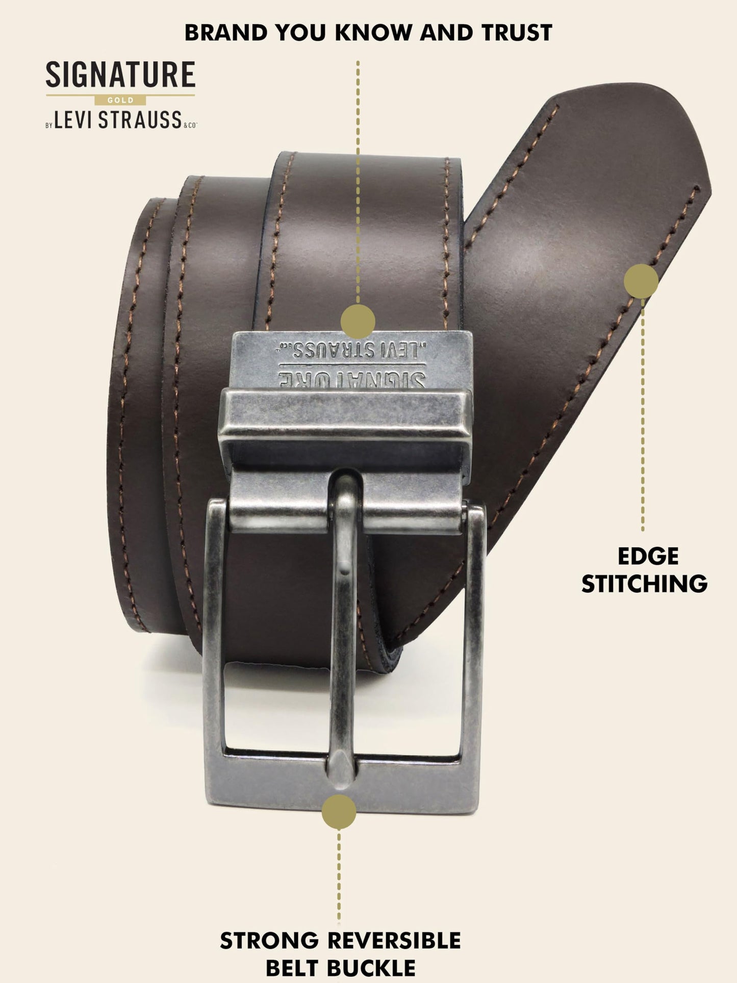 Levi Strauss Signature - Premium Leather Reversible Belt for Men for Jeans, Work, Dress & Casual pants | Cinturon Para Hombre (Brown/Black/Stitch Creased Edge, 46-48)