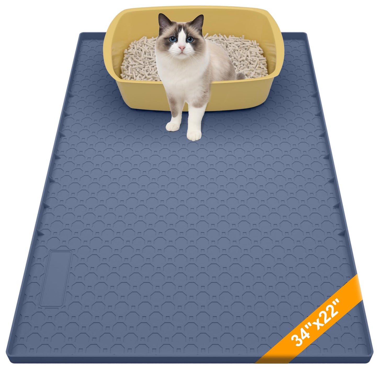Silicone Large Cat Litter Mat 34" X 22", Cat Mat for Litter Box, Cats Litter Trapping Mat, Non-Slip and Waterproof, Raised Edges, Blue