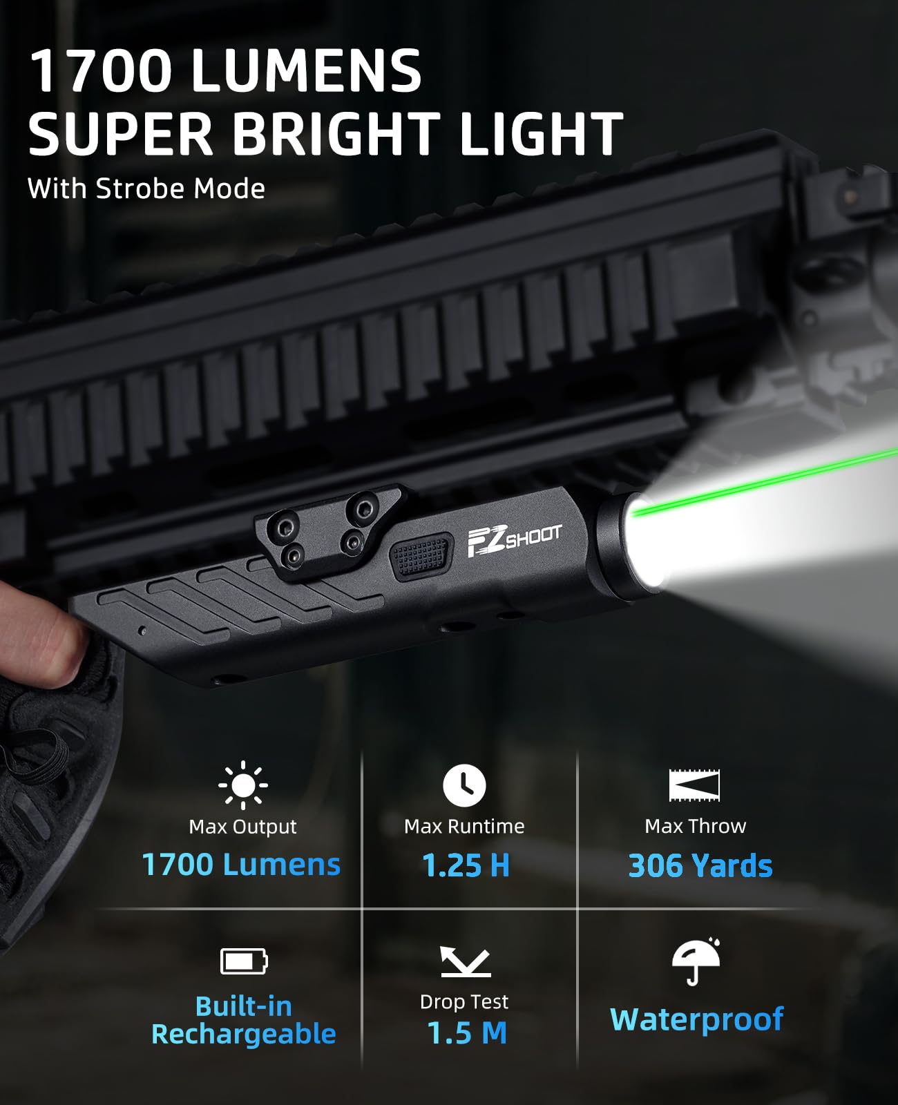 EZshoot 1700 Lumens Laser Light Combo for Rifle with Magnetic Rechargeable Compatible with Picatinny and M-Rail, Rilfe Flashlight Green Laser Light Combo with Strobe Mode
