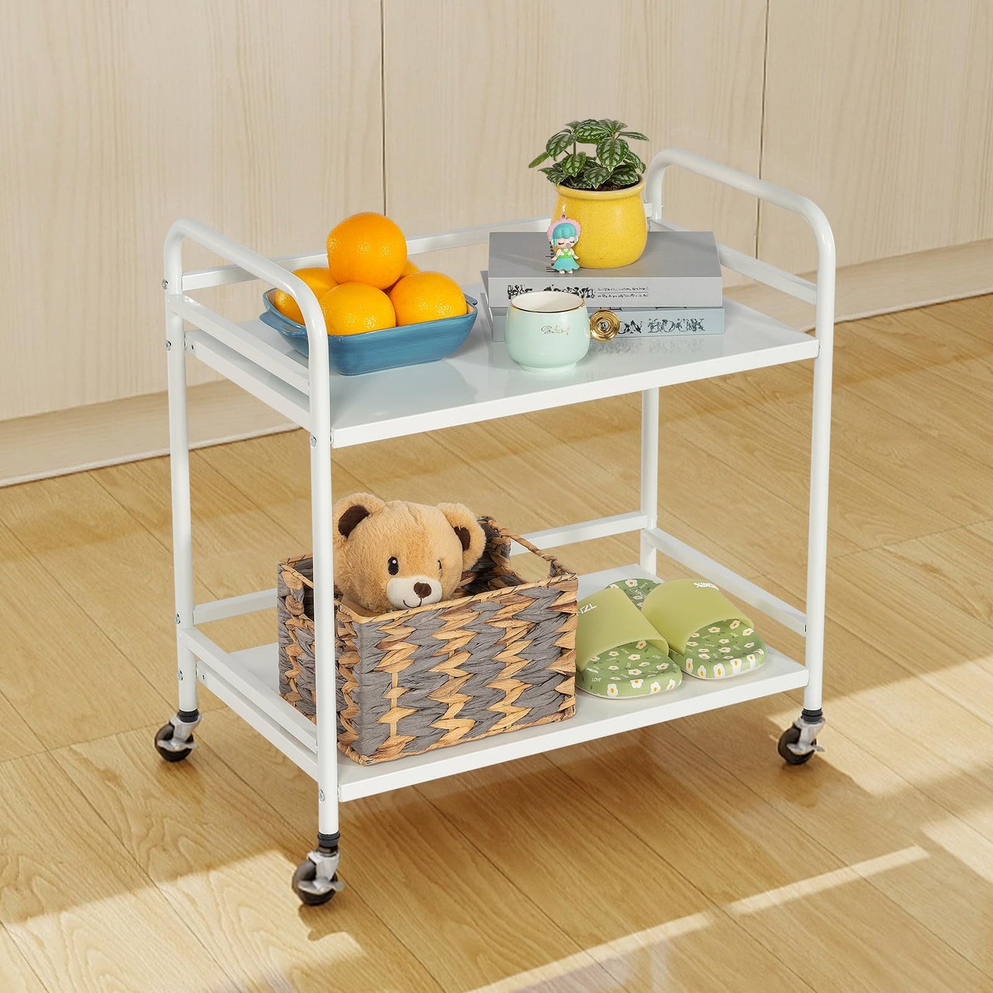 HDANI 2 Tier Under Desk Printer Stand with Storage,Microwave Storage Rack,Metal Rolling Printer Cart with Wheels for Home Office,Utility Storage Cart and Stand,White
