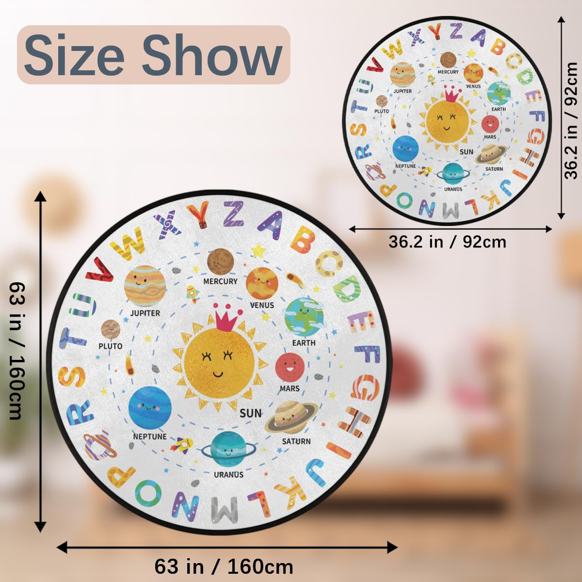 Funky Qiu Round Kids Rug,3 Ft ABC Letter Educational Playroom Rug,Non-Slip Solar System Alphabet Kid Play mat for Classroom Playroom Bedroom Kids Room Decor