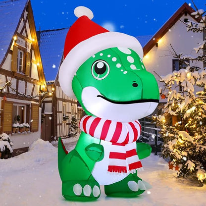 GOOSH 5 FT Christmas Inflatables Dinosaur Outdoor Decorations Blow Up T Rex with Xmas Hat Yard Decorations with Built-in LED Lights for Garden Lawn Indoor Party Décor