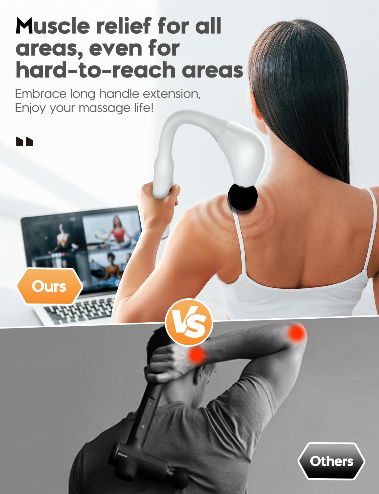 FVZ Massage Gun with Upgraded Extension Handle, 10MM Massage Gun Deep Tissue, Back Massager, Muscles/Neck/Shoulders/Waist/Legs Massager Portable for Pain Relief, Gifts for Men