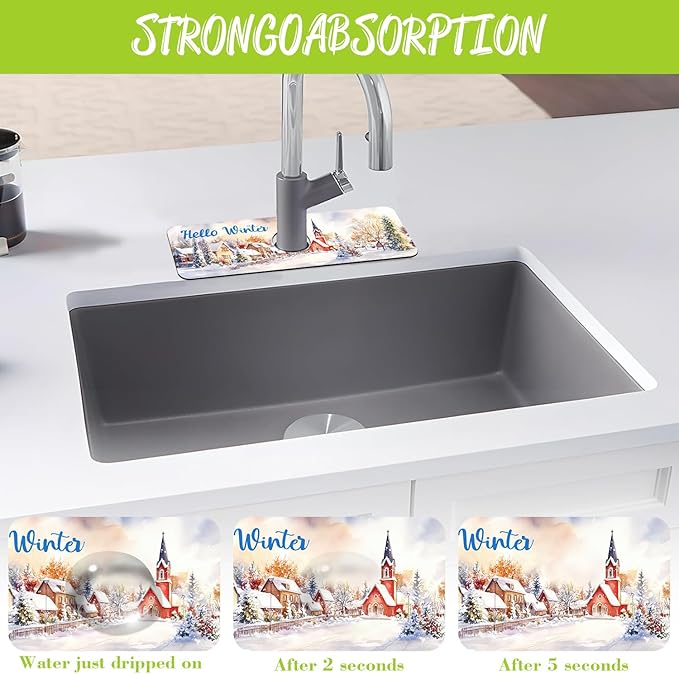 Chrismas Sink Faucet Absorbing Mat Hello Winter Sink Splash Guard Drying Mat