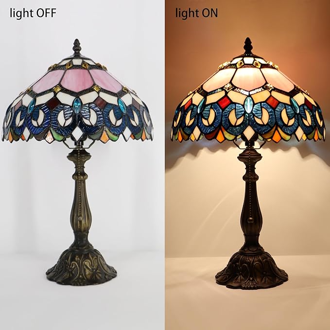 Tiffany Lamp Pink Stained Glass Table Lamp Bedside Reading Light W12H19 Inches (Pink Baroque Style)
