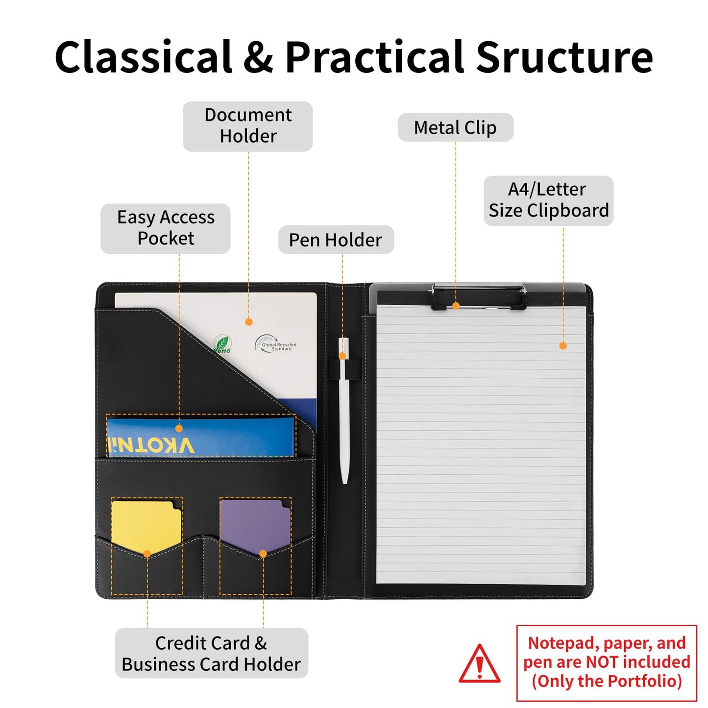 Professional Padfolio with Clipboard,Faux Leather Portfolio Folder Binder,Letter Size A4 Legal Writing Pad Holder for Business School Office Conference Notepad Clip Boards