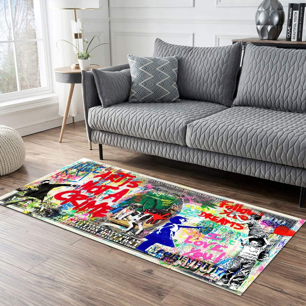 JUST BREATHE Graffiti Abstract Runner Rug 'Follow Your Dreams' Pop Art Street Art Cool Rug Inspiring Money Rugs One Million Dollar Mat Floor Carpet for Bathroom Bedroom Home Office 59"x24"