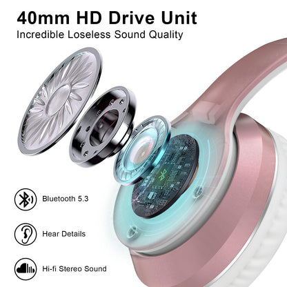 JOMILIN B9 Bluetooth Headphones Over-Ear, 3 EQ Music Modes and 50H Playtime Wireless Headphones with Mic, Hi-fi Stereo Lightweight Folding Headset, Volume Control for Travel Tablet PC (Rose Gold)