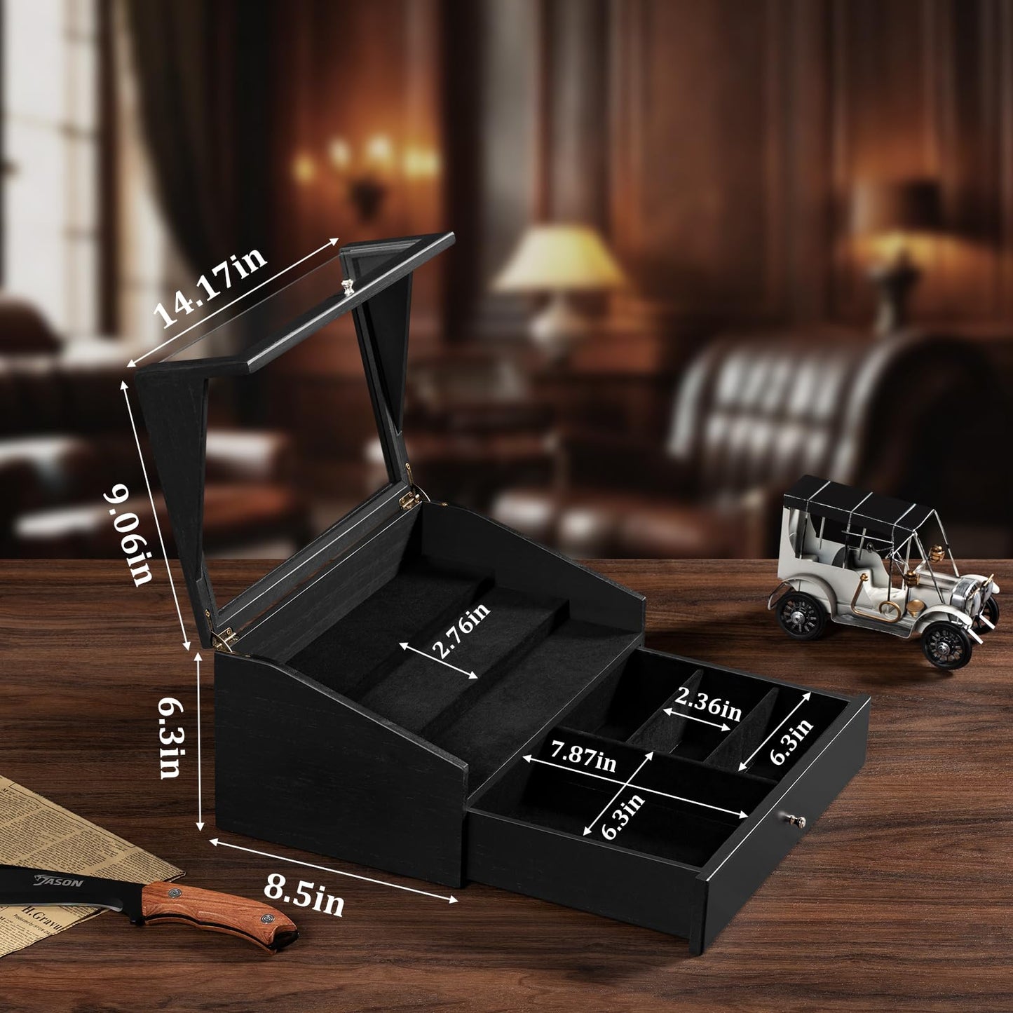 Emfogo Pocket Knife Display Case, Large Knife Collection Box for Folding Knives & EDC Gear, Solid Wood Knife Organizer with Transparent Lid & Drawer, Collector-Grade Gift for Men (Black)