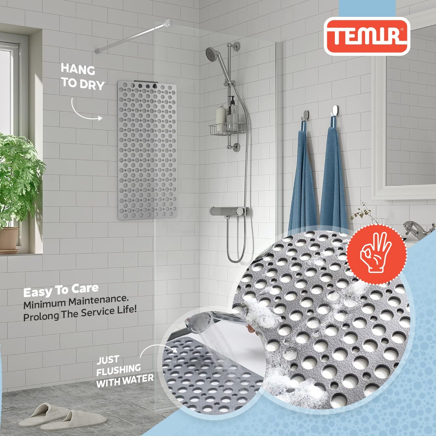 TEMIR Non Slip Bathtub Mat for Shower — Anti Skid Safety Mat with Strong Suction Cups, Quick Drain Holes, Machine Washable, Soft Bathroom Mat for Elderly & Kids, 30x17 in (75x43 cm) Gray
