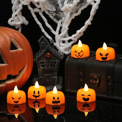 Halloween Flameless Candles with 6H Timer, Pumpkin Tea Lights with Ghost Face Flickering, LED Candles Battery Operated Fall Decor 6 Pack Φ 1.9" H 1.6" for Halloween Decorations
