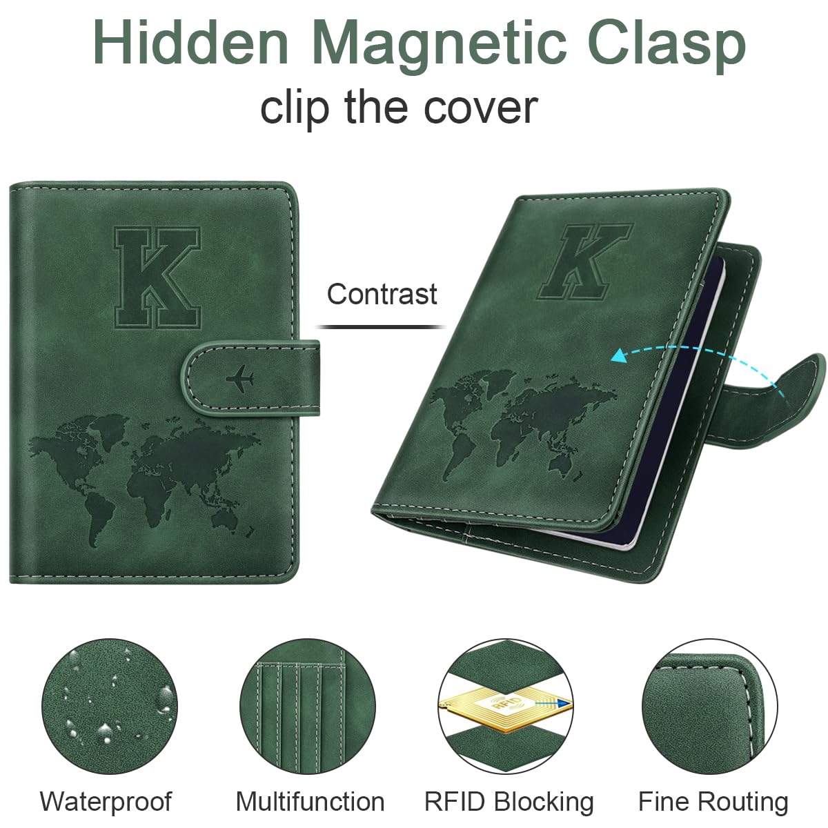 Personalized K Passport Holder Cover Initial Letter Travel Wallet RFID Blocking Passport Cover Credit Card Holder Case Passport Book Holders for Women and Men, Pine Green-K