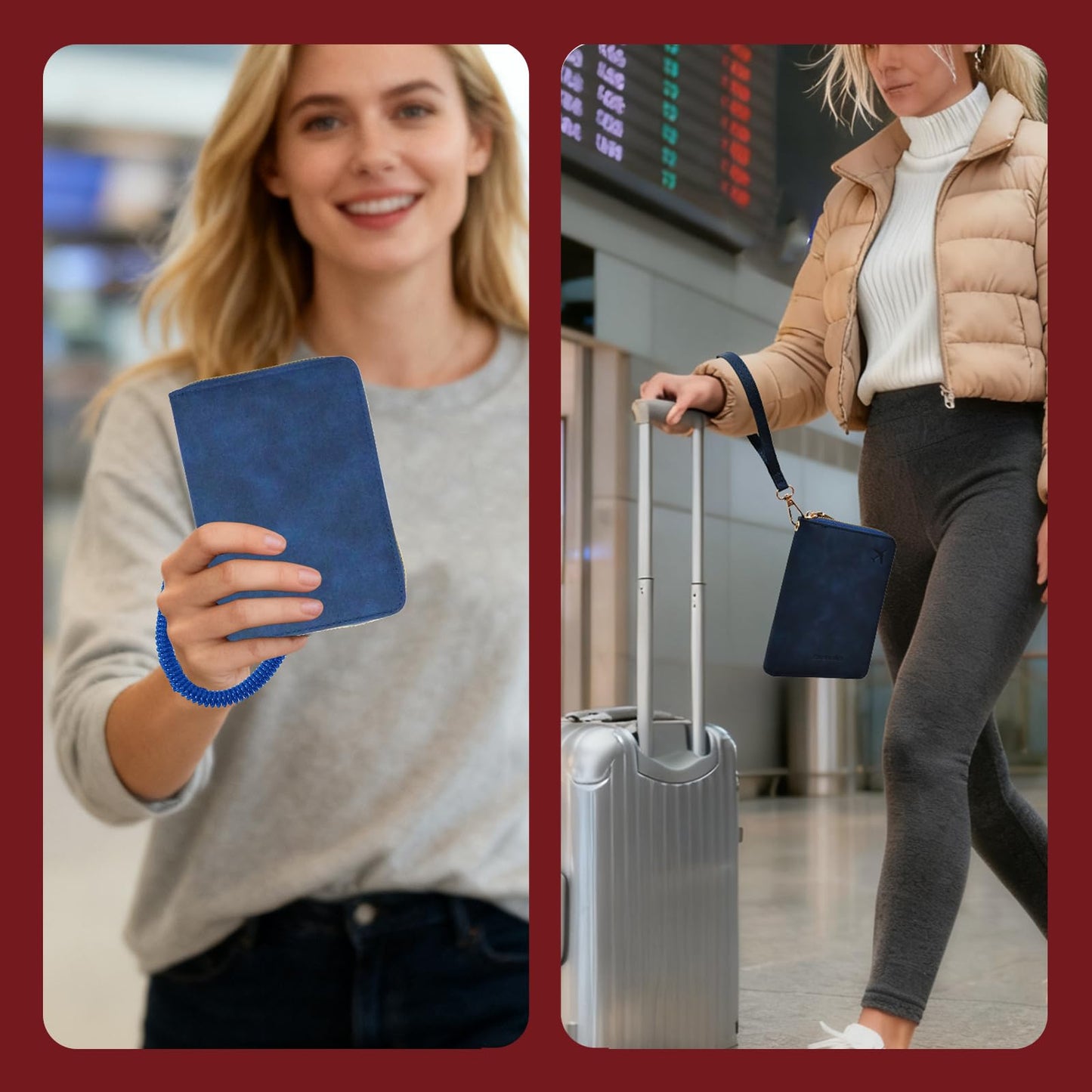Passport Holder with Tether and Carabiner Clip to Prevent Loss and Theft, Rfid Passport Holder for Travel, Passport Cover, Wallet & Case for Men and Women (Blue - Tether and Carabiner)