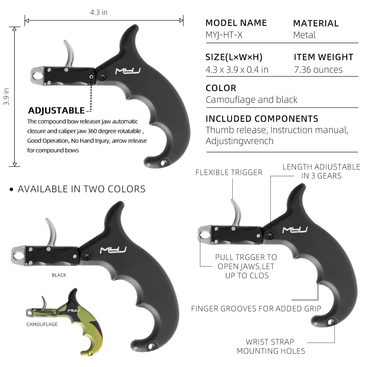 MOYJ Compound Bow Release Aids Trigger 4 Finger Caliper Jaw Rotation Black/Camo Box Packaging Thumb Arrow Release for Adults Hunting Shooting Youth Training Archery Release (Black)
