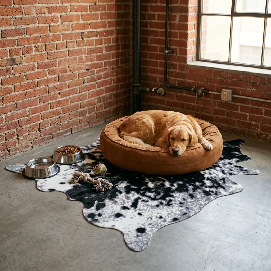 MustMat Faux Cowhide Print Rug, Modern Industrial Man Cave Decor 5'2"x6'7"