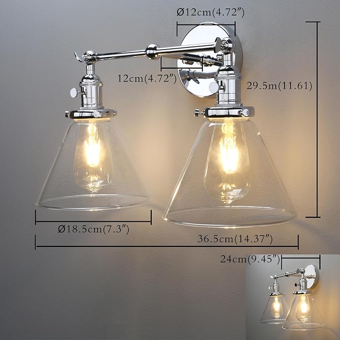 PERMO Double Sconce Chrome Industrial 2-Lights Wall Sconces with Funnel Flared Glass Clear Glass Shade Vanity Light for Bedroom (Chrome)
