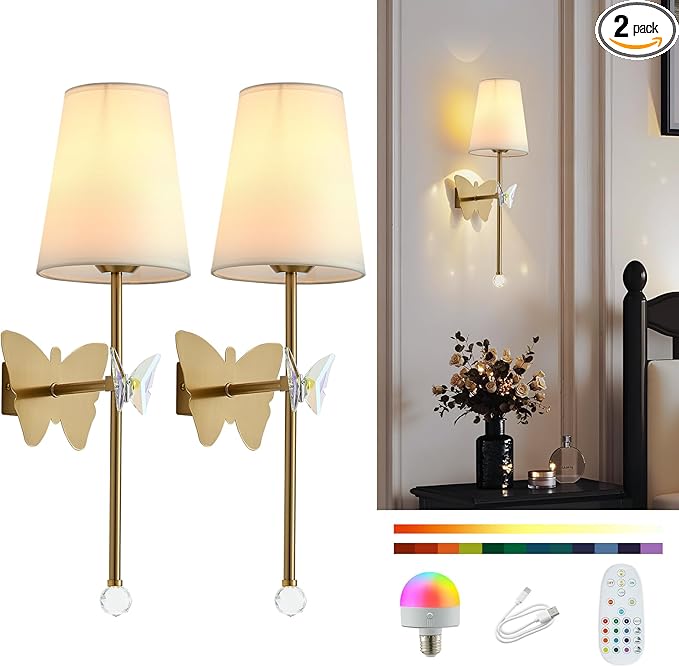 Battery Operated Wall Sconces Set of 2,Rechargeable Wall Lights with Butterfly Crystal Decorative Sconces,Cordless Battery Sconce Indoor Wall Lamps for Bedroom Living Room Hallway Stairs Gold