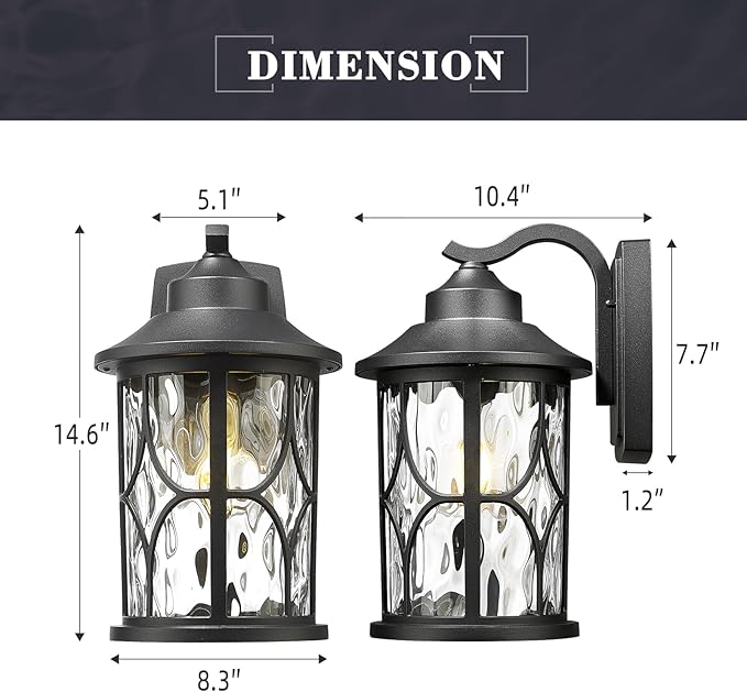 zeyu 14.6 Inch Outdoor Porch Light, Farmhouse 1-Light Outdoor Wall Sconce, Die-Cast Aluminum in Black Finish, Clear Water Ripple Glass, ZX48MB-WG BK