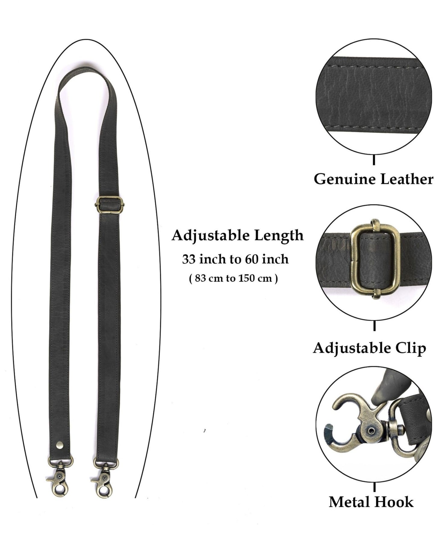 60-inch Genuine Leather Crossbody Strap Replacement for Purse, Handbag & Messenger Bag 1” Wide Adjustable Shoulder Strap (Black)