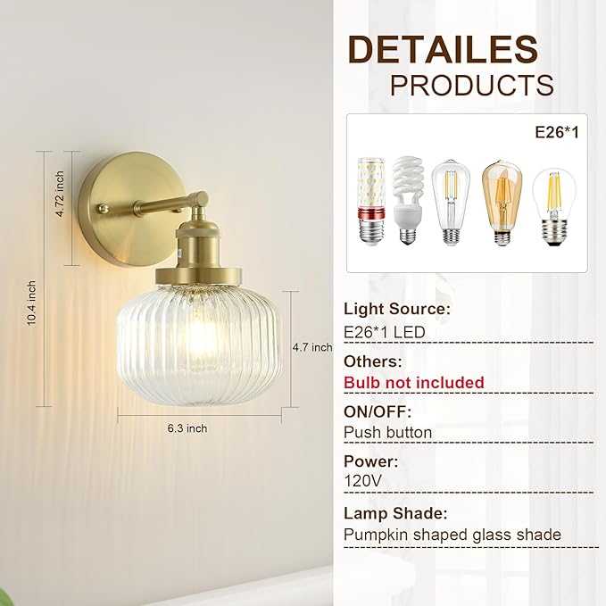 Vintage Wall Sconces with Clear Pumpkin Glass Lampshade, Indoor Bath-Room Wall Sconce, Modern Gold Industrial Lighting Fixture for Mirror Living Room Hallway 2 Pack