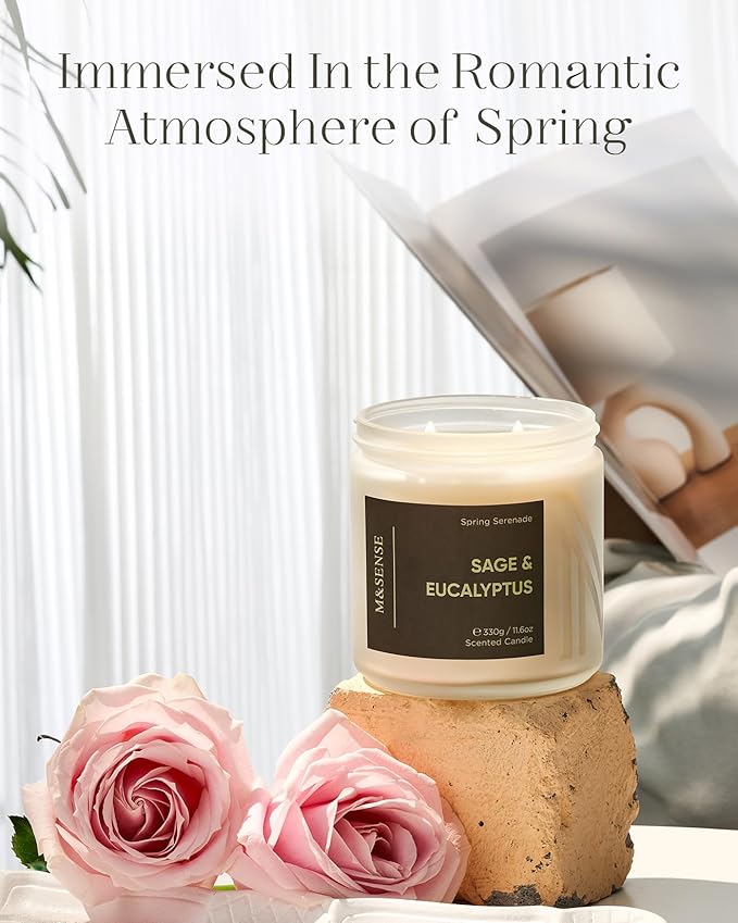 M&SENSE Eucalyptus Sage Summer Scented Candle - 11.6oz Natural Soy Wax Non Toxic Candle 70-Hour Long Lasting Burn Time, 2-Wick Home Decor Relaxation & Stress Relief