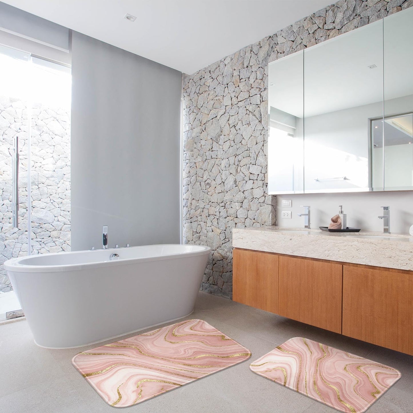 Britimes Marble Pink Bathroom Rug Set of 2, Washable Cover Floor Rug Carpets Floor Bath Mat Bathroom Decorations 16x24 and 20x32 Inches