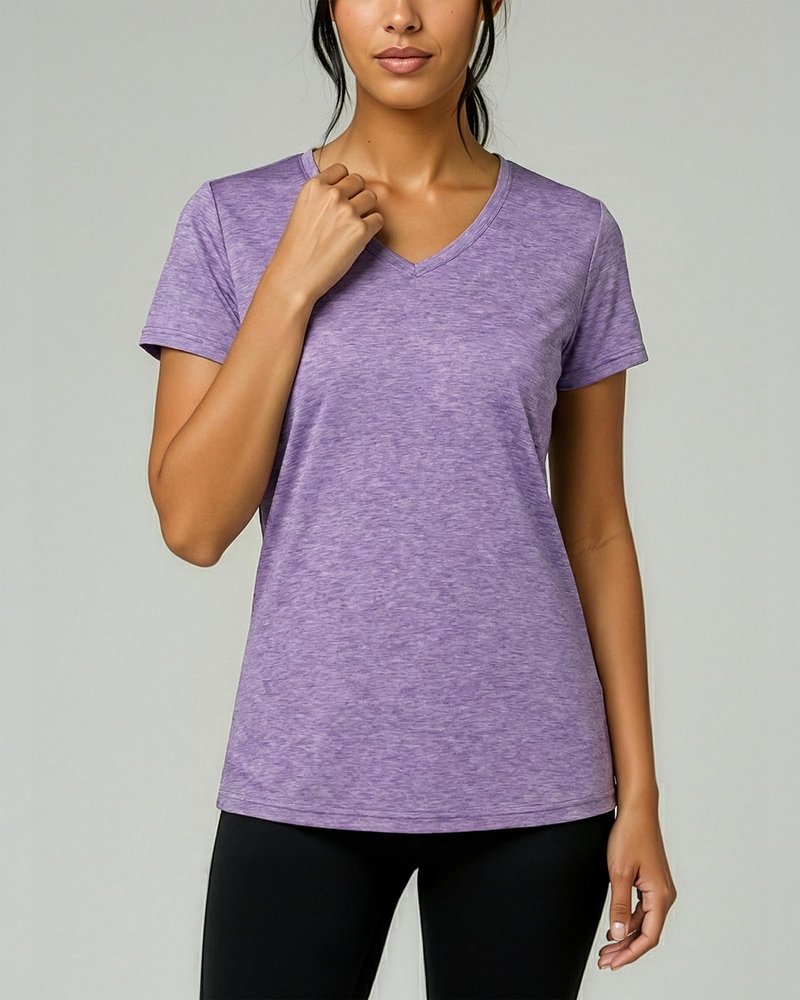 Real Essentials 5 Pack: Women's Dry-Fit Short Sleeve V Neck T Shirt Workout Fitness Yoga Top Tee, Set 7, S