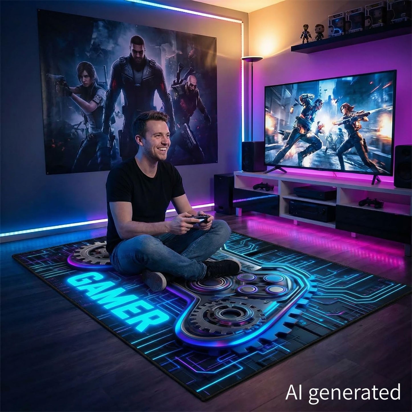 Dowtowter Gaming Rug for Boys Room, Neon Game Controller Area Rug, Non-Slip Gamer Decor Rug,Carpet for Gaming Room Kids Room Bedroom Living (Blue, 39‘’×59‘’)