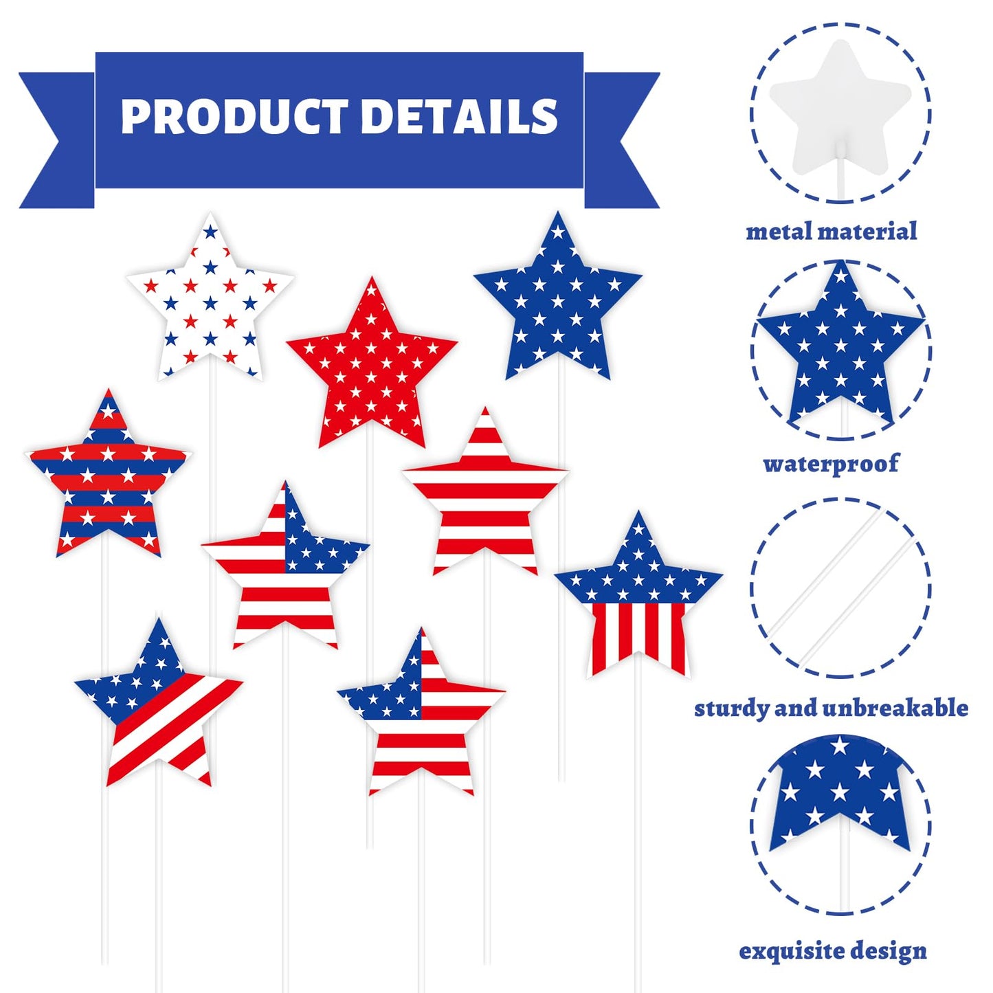 JarThenaAMCS 9Pcs Patriotic Star Metal Planter Stakes 4th of July Decorative Garden Stakes Star and Stripes Yard Sign for 250th Anniversary Planter Pot Walkway Lawn Independence Day Decor