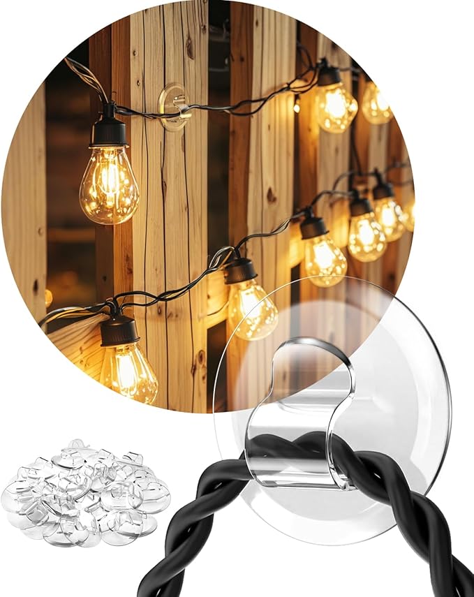Light Clips for Outside String Lights: 24 Pack Adhesive Hooks for Outdoor String Lights - Outdoor Light Clips for Patio Balcony Fence - Rope Led Light Strip Christmas Decor Hooks