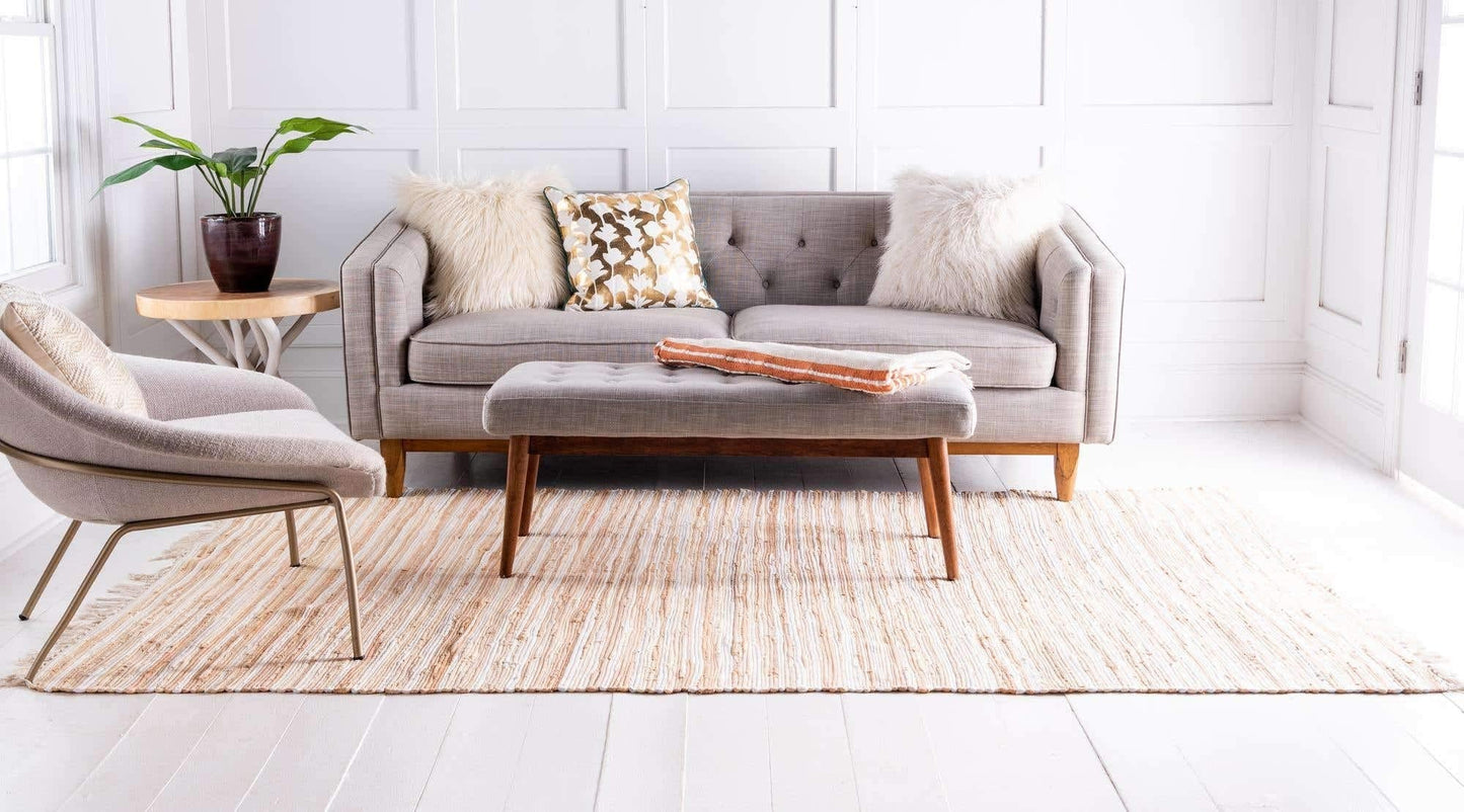 Unique Loom Chindi Cotton Collection Soft Hand Woven Natural Fiber Striped Area Rug, 4 ft x 6 ft, Beige/Ivory