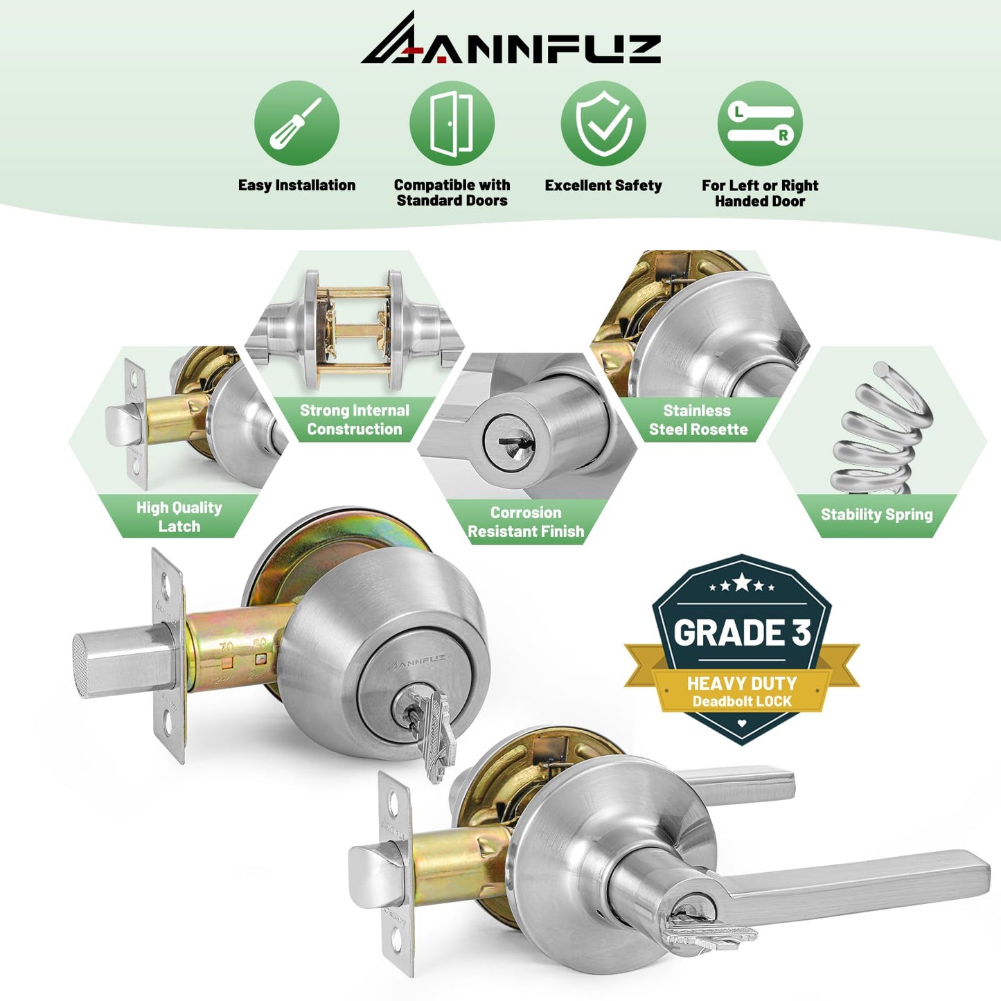 ANNFUZ Keyed Alike(Same Keys) Front/Exterior Door Lever Knob with Single Cylinder Deadbolt Combo Lockset, Entry Door Handle with Lock & Key, Round Locking Deadbolt for Interior Bedroom,Brushed Nickel