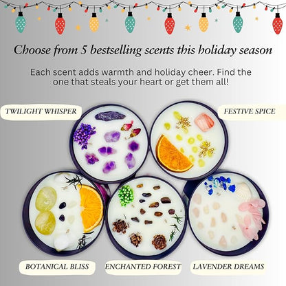 Moira's Bazaar Winter's Joy Gift Set –16 Oz 50 Hr Scented Candle with Crystals & a Crochet Positive Penguin | Christmas, Holiday, or Motivational Gift, Artisanal Luxury Fragrances (Lavender Dreams)
