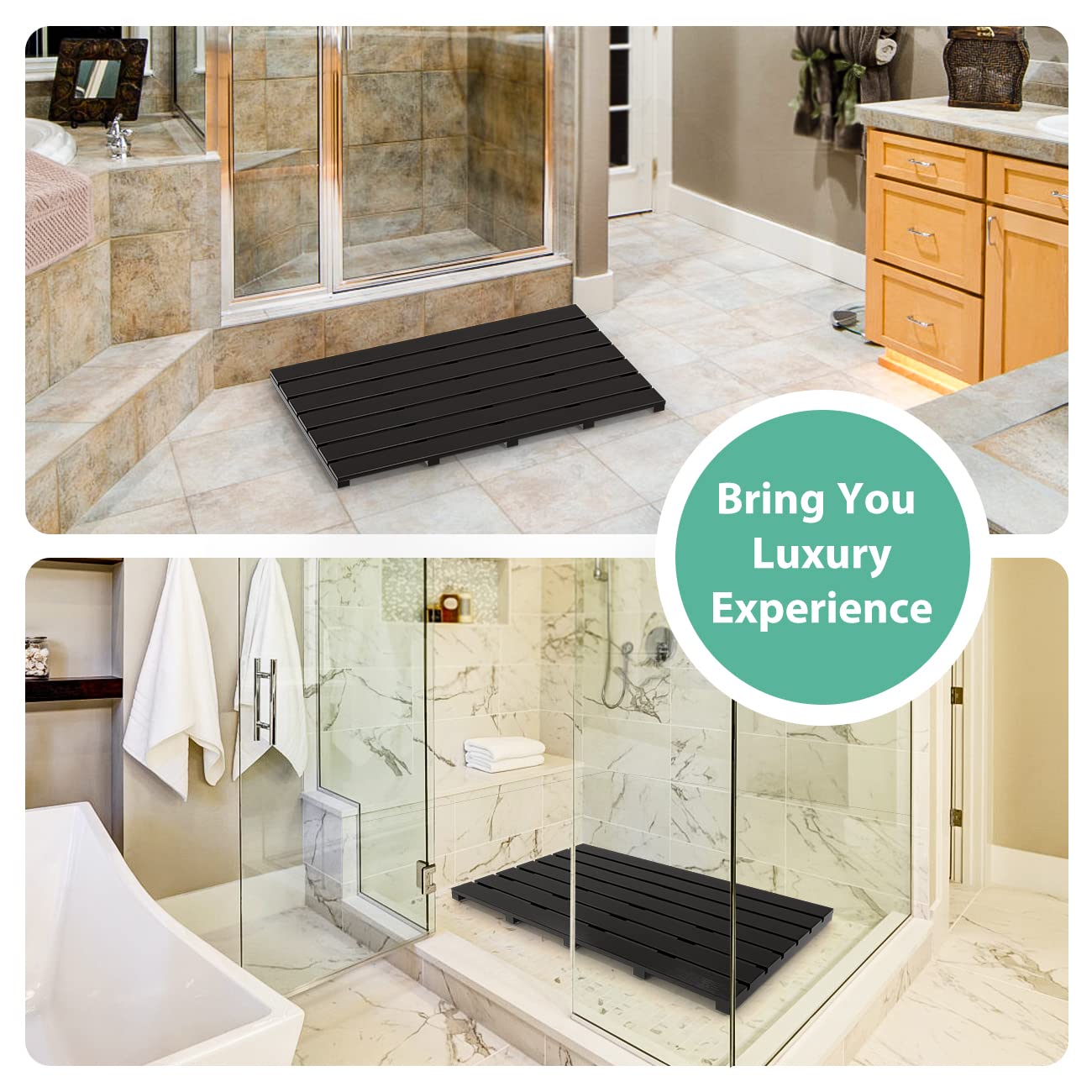 Bamboo Wooden Bath Floor Mat for Luxury Shower - Non-Slip Bathroom Waterproof Carpet for Indoor or Outdoor Use (Black,31.3 x 18.1 x 1.5 Inches)