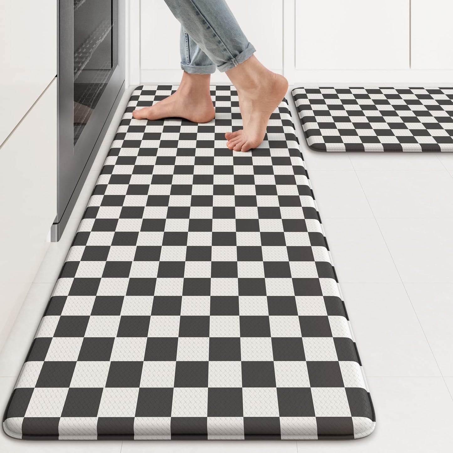 KIMODE Anti Fatigue Kitchen Mat for Floor, 17"x47"+17"x29" Checkered Kitchen Rugs Sets of 2, Kitchen Floor Mats Non-Slip, Cushioned Standing Desk mat for Sink Laundry Office Black and White