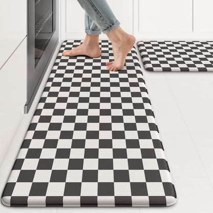 KIMODE Anti Fatigue Kitchen Mat for Floor, 17"x47"+17"x29" Checkered Kitchen Rugs Sets of 2, Kitchen Floor Mats Non-Slip, Cushioned Standing Desk mat for Sink Laundry Office Black and White