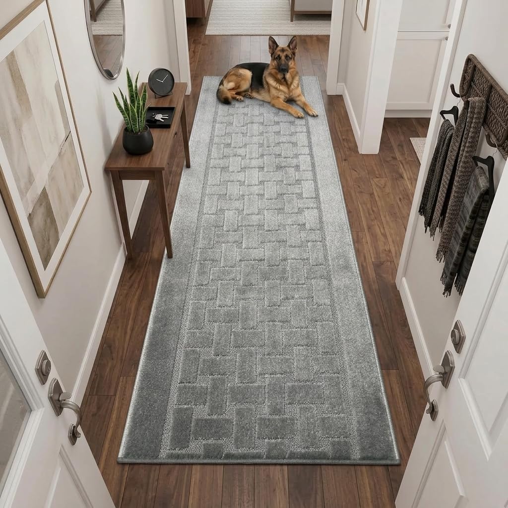 Runner Rug 12 ft, Non-Slip Washable Rug, Grey Textured Carpet for Kitchen Hallway Entryway, Rubber Backing, Indoor, Rolled in Box (26" x 12'), Custom Size Floor Runner