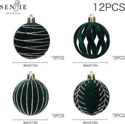 3.15INCH Green Velvet Ornaments for Christmas Tree, 12PCS Glitter Flocked Christmas Ornaments Decorations Balls Set Decor