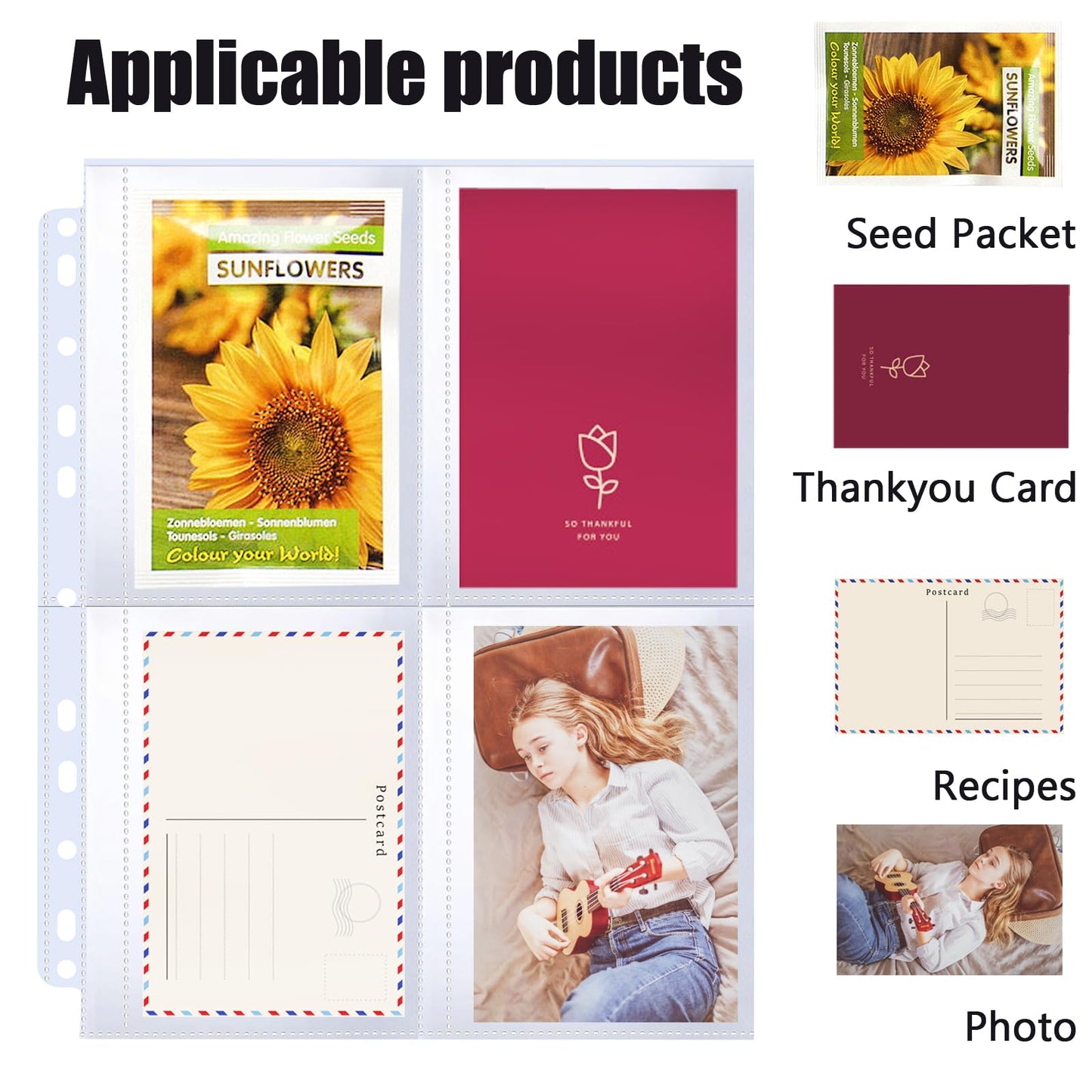 60 Pack 240 Pockets Seed Packet Sleeves, Garden Seed Storage Organizer Pages for 3 Ring Binder, Slot Size 3.5"x 5", Sleeves for Seed Protector Holder Container, Postcards Photos Cards