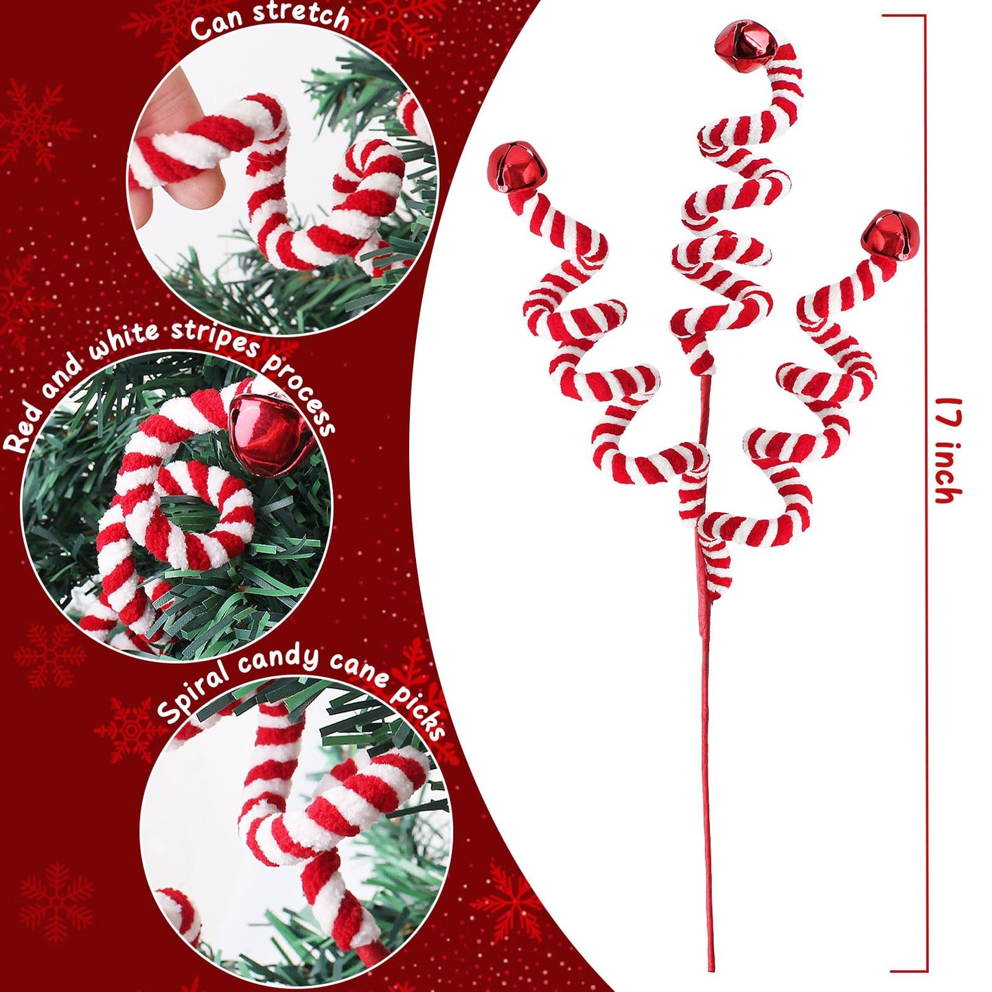 RINOLY 6 Pcs Christmas Tree Topper,17 in Red/White Candy Cane Christmas Decorations, Curly Christmas Tree Picks Gingerbread Tree Picks Candy Cane Ornaments Holiday Decors Vase Filler