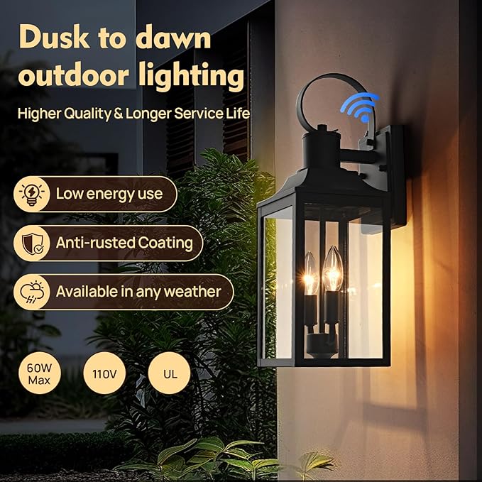 18.9" Black Dusk to Dawn Outdoor Lighting, 2-Light Industrial Porch Light with Clear Glass, Waterproof Farmhouse Outside Light Fixture Wall Mount for Porch, Patio, Garage (1 Pack)